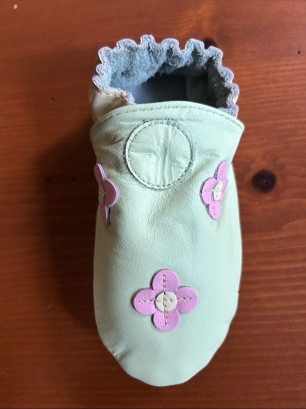 Robeez Soft Leather Slip-On Shoe in Light Green with Pink Flower Accents